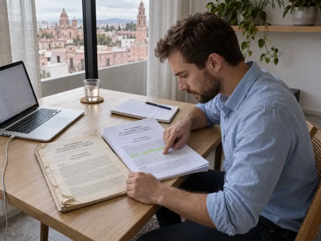 Hombre revisando dos ejemplares impresos de la Ley de Migración de México en su escritorio en casa