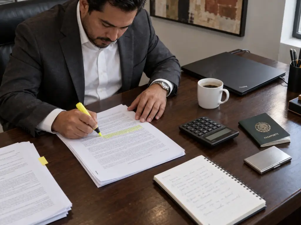 Manos de abogado marcando la Ley de Inversión Extranjera impresa para abrir un negocio en México como extranjero