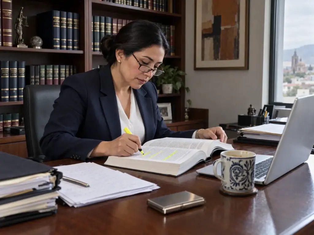 ¿Outsourcing de Extranjeros? Qué Cambió con la Reforma 1 Abogada laboralista revisando la Ley Federal del Trabajo con marcador en su oficina de Querétaro