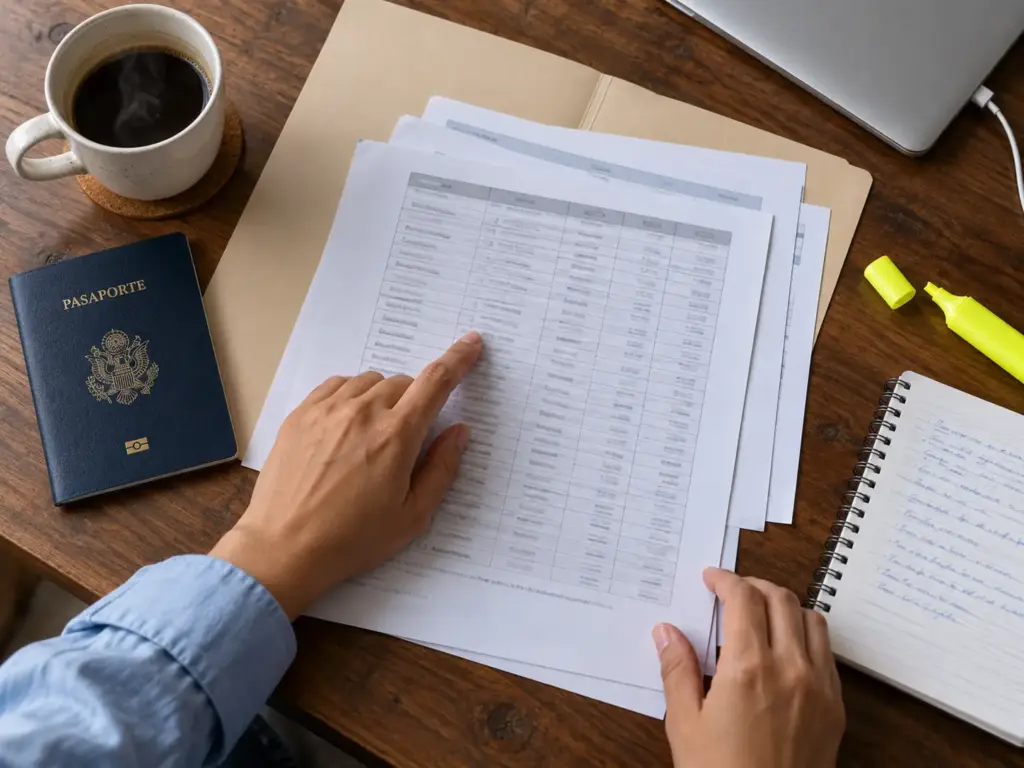 Cómo Consultar Tu Expediente Digital del INM en Línea 1 Mesa con pasaporte, hojas impresas y libreta de anotaciones para revisar el seguimiento de un trámite del INM