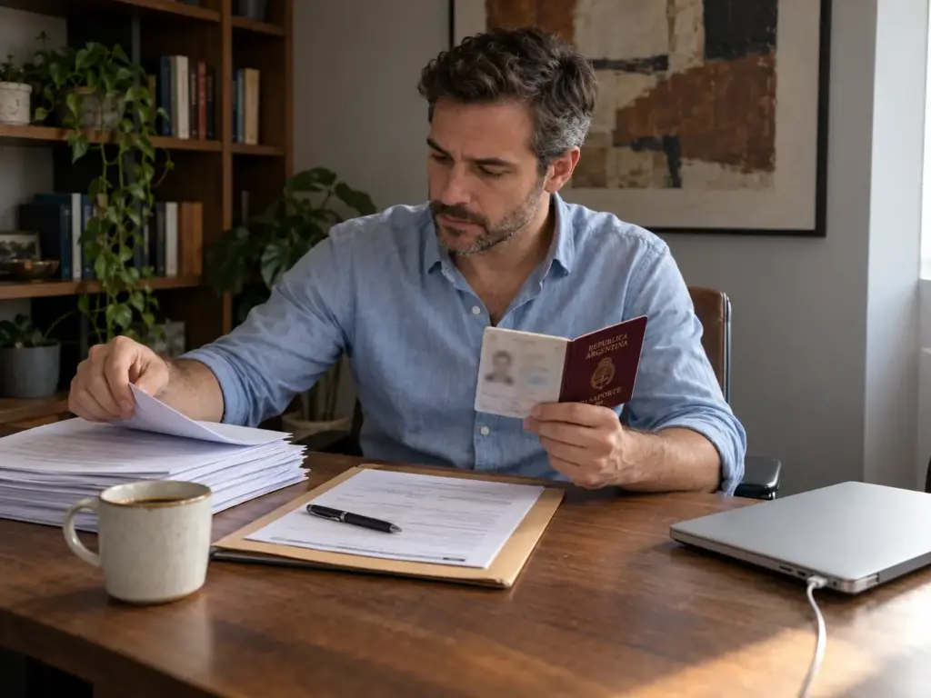 Hombre argentino revisa sus documentos en casa tras perder su tarjeta de residente, antes de pedir la reposición
