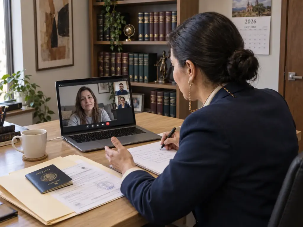Abogada migratoria en videollamada con una clienta en el extranjero sobre la visa de residencia permanente