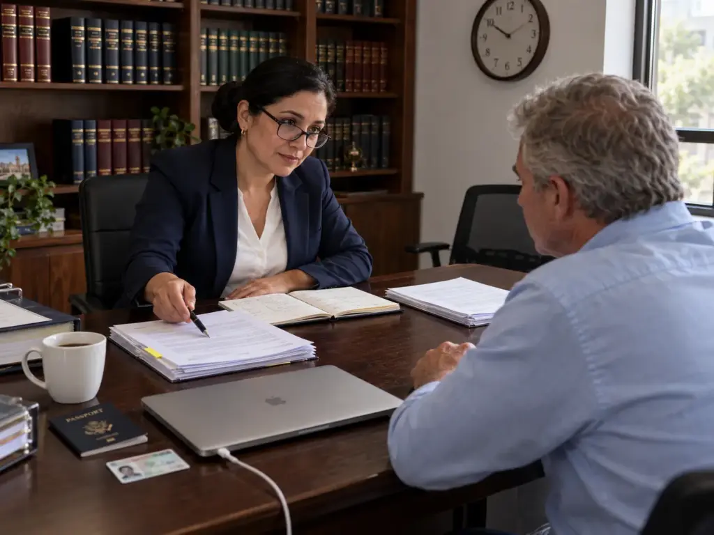 Salir de México y Reentrar vs Regularizar Dentro del País 1 Abogada migratoria explicando a un cliente las rutas de salir de México y reentrar o regularizar dentro del país