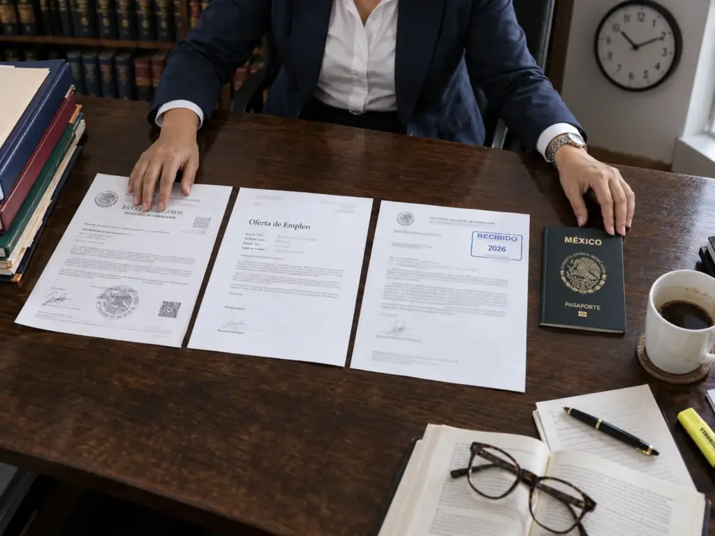 Requisitos para la Visa de Trabajo en México 2026 1 Manos de abogada ordenando en fila los documentos de la visa de trabajo por oferta de empleo en México