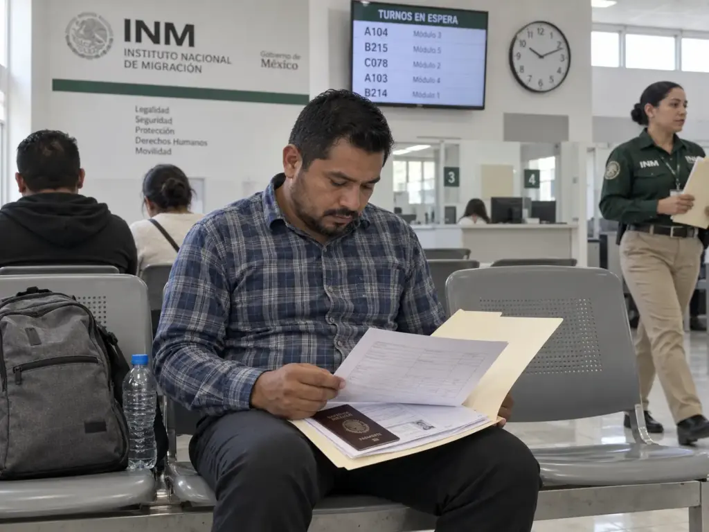 Residente extranjero esperando su turno con una carpeta de documentos en la sala de espera del INM en Querétaro