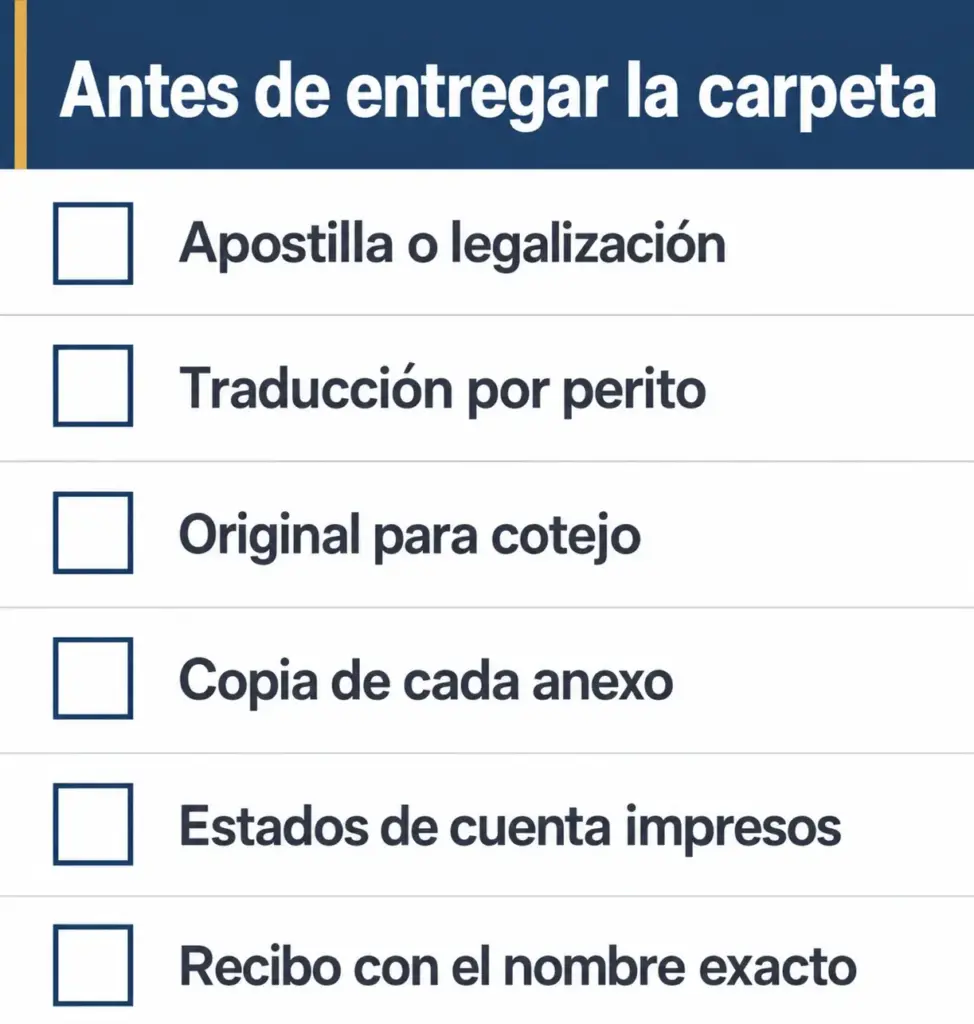 Cómo Armar la Carpeta de Evidencias para Acreditar Arraigo 8 Checklist de seis casillas para revisar la carpeta antes de entregarla al INM: apostilla, traducción, originales y recibo