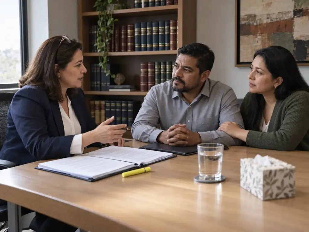 Abogada migratoria explicando a una pareja las opciones de residencia cuando existe un antecedente penal