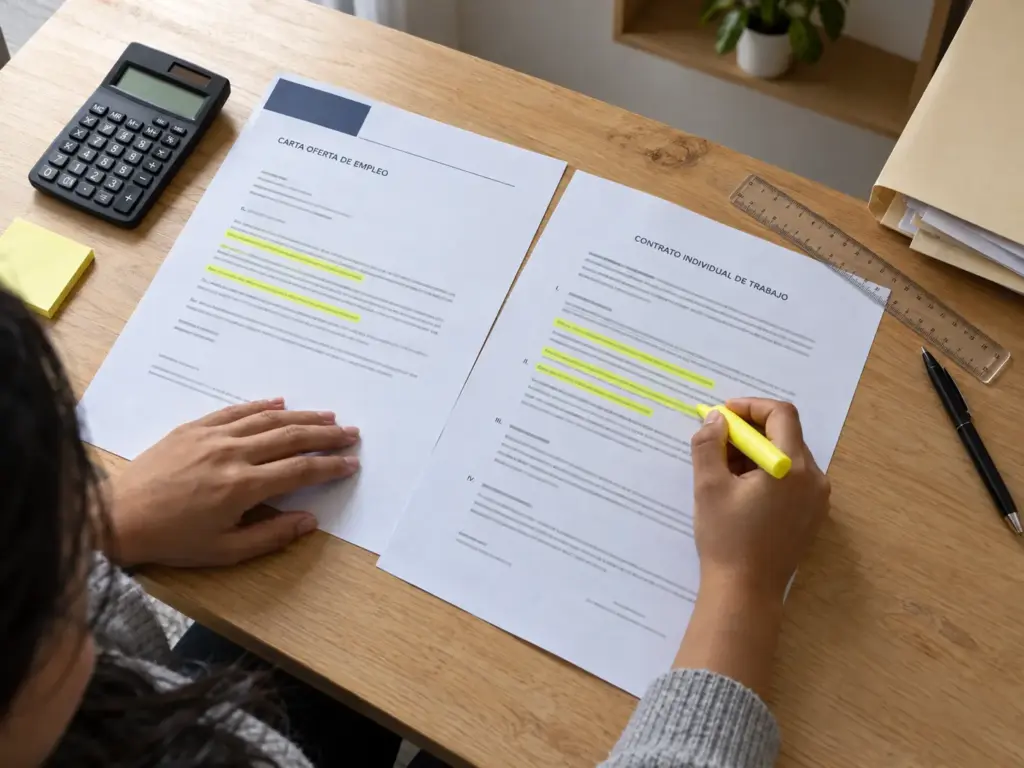 Requisitos del Contrato Laboral para Tu Visa de Trabajo 2 Manos subrayando ocupación, lugar y salario en la carta oferta y en el contrato laboral para la visa de trabajo