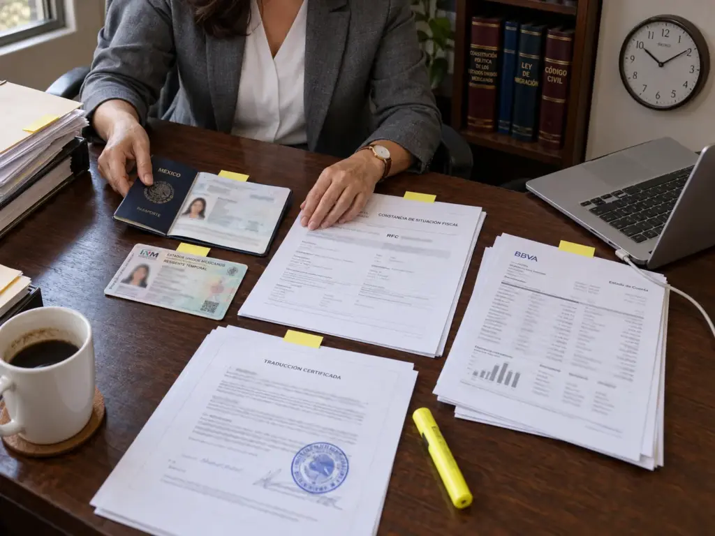 Mesa de trabajo con pasaporte, tarjeta de residente, constancia fiscal y estados de cuenta para un crédito hipotecario