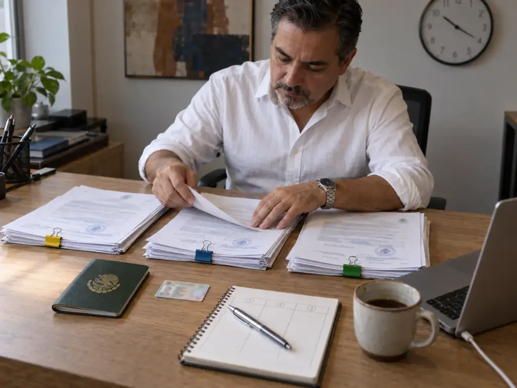 Cómo Armar la Carpeta de Evidencias para Acreditar Arraigo 2 Manos de hombre clasificando documentos migratorios en tres montones para elegir la vía de regularización