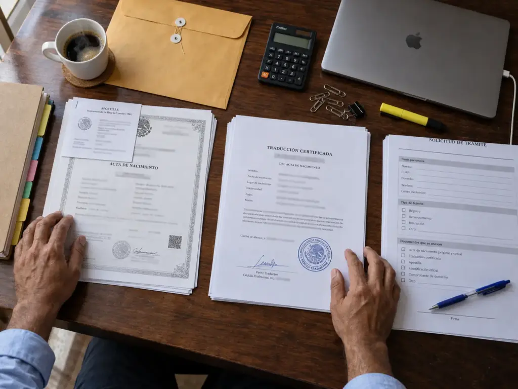Documentos del expediente del certificado de nacionalidad mexicana: acta apostillada, traducción y carpeta con separadores