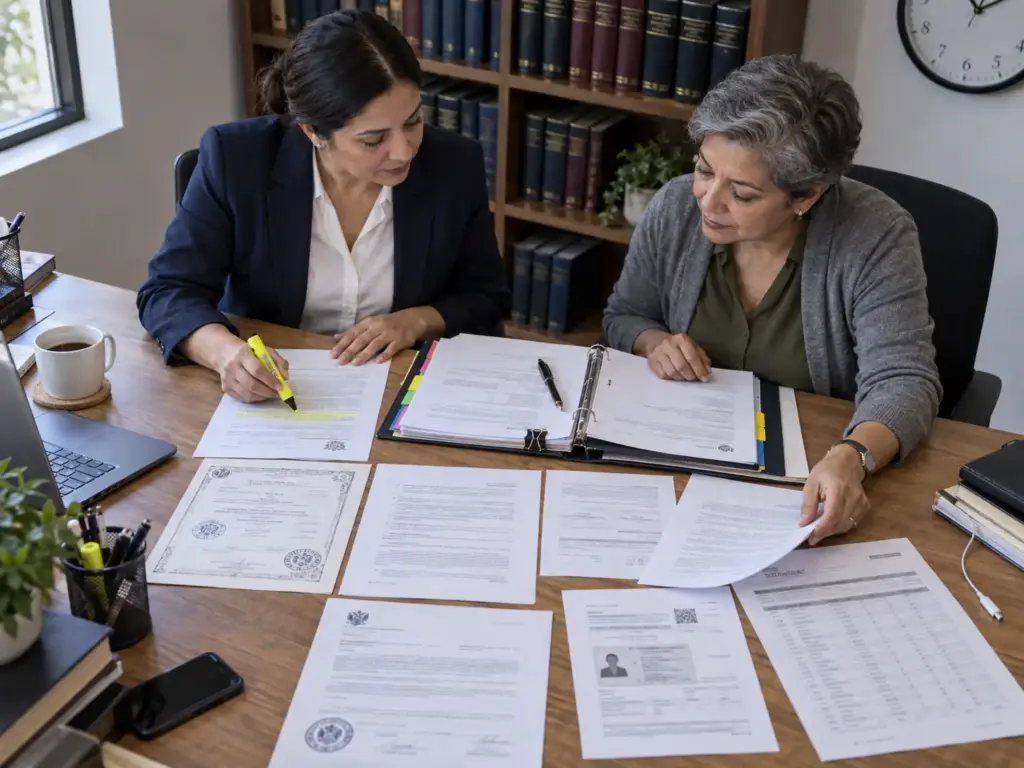 5 Errores al Tramitar la CIE por Primera Vez en Tu Empresa 3 Abogada y contadora revisan sobre la mesa los documentos del expediente de la CIE de una persona moral