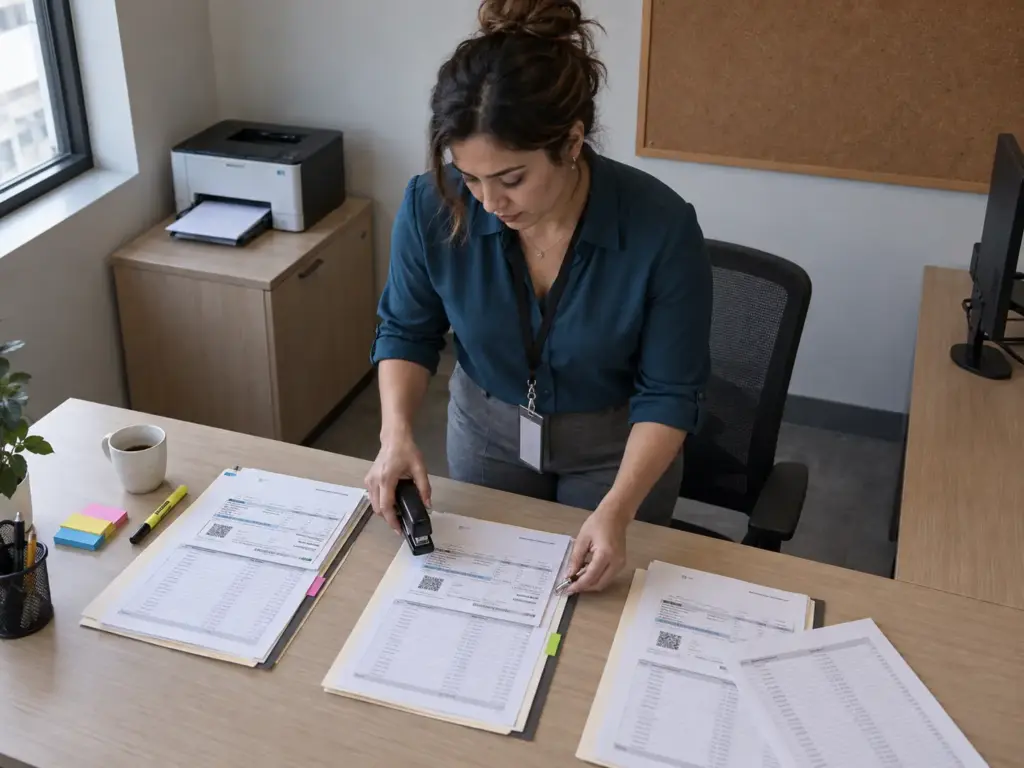 Gerente de recursos humanos armando tres expedientes de domicilios para la CIE de una empresa con varias sedes