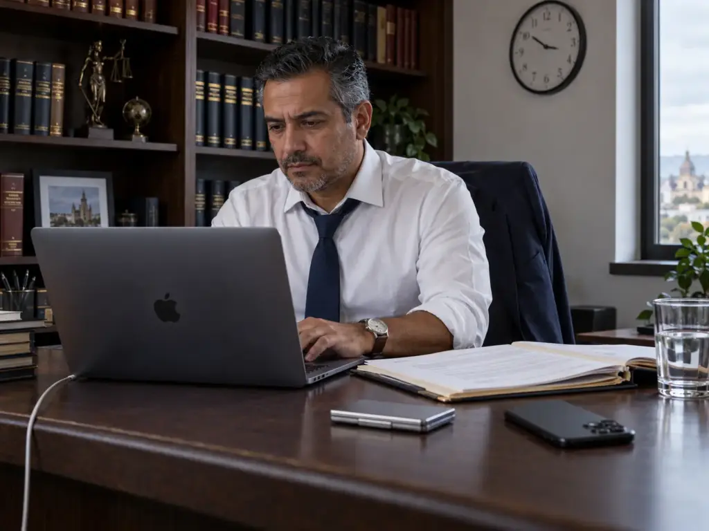 Cómo Consultar Tu Expediente Digital del INM en Línea 3 Abogado migratorio tecleando la dirección oficial del INM en su laptop en la oficina del bufete en Querétaro