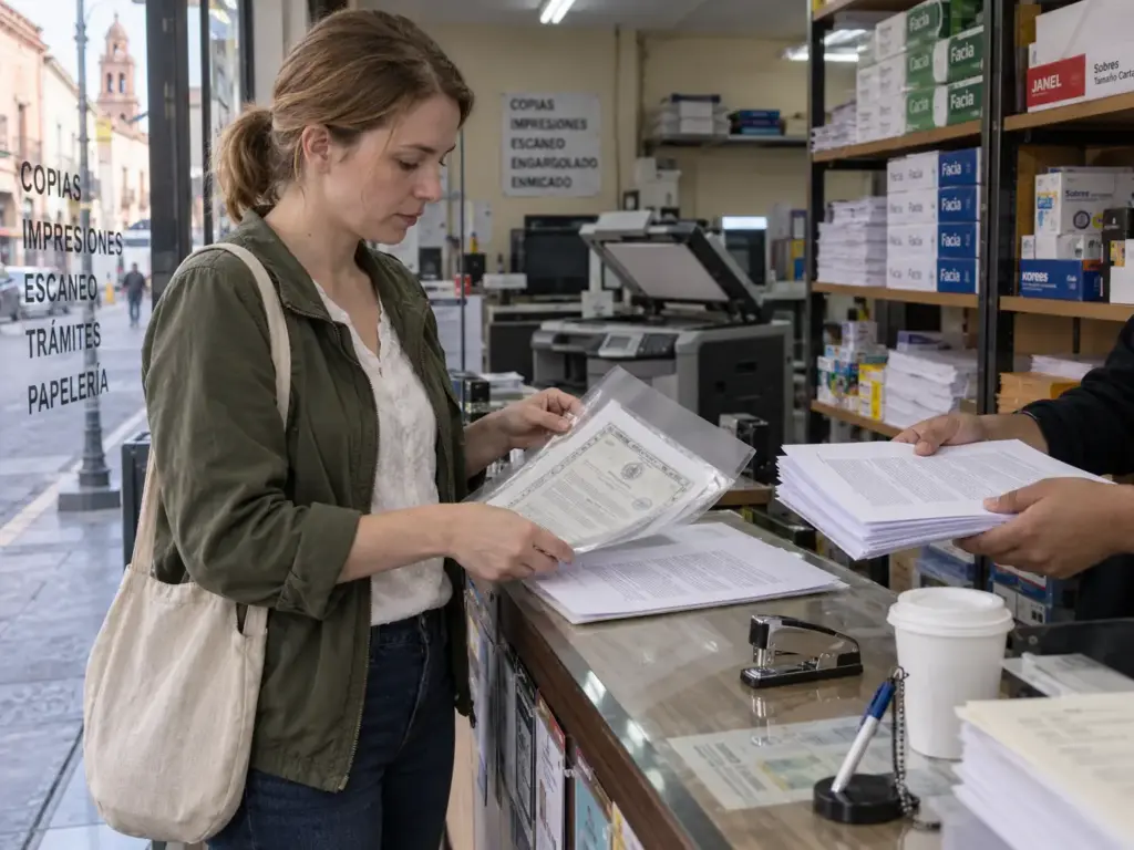 Mujer en una papelería de Querétaro reuniendo actas apostilladas y copias para su trámite de regularización