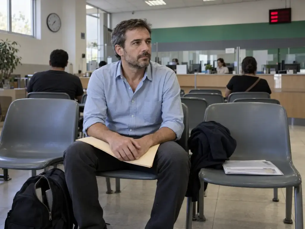 Hombre extranjero esperando con su carpeta de documentos en una sala de espera del INM Querétaro antes de su comparecencia