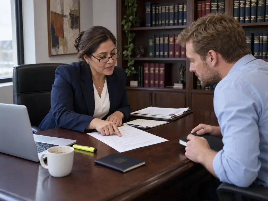 ¿La CIE Revisa el Salario Mínimo Profesional de Extranjeros? 2 Abogada migratoria revisando la oferta de empleo con un ingeniero europeo en el bufete de Querétaro