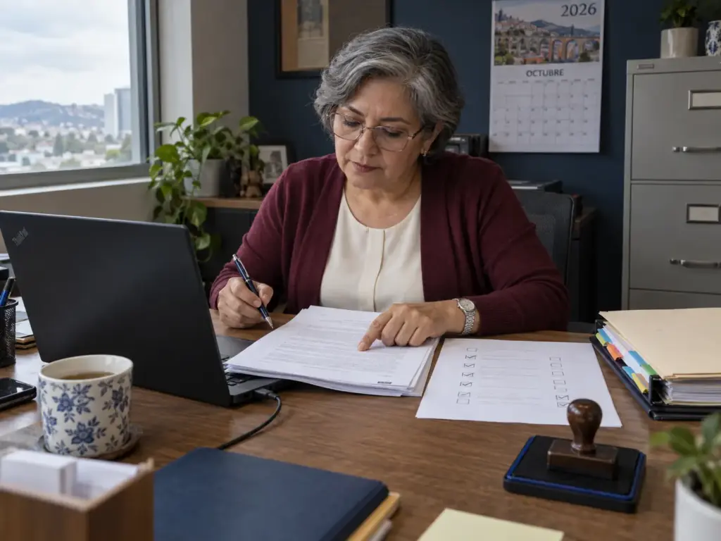 ¿Outsourcing de Extranjeros? Qué Cambió con la Reforma 2 Administradora de una empresa comparando un contrato de servicios con una lista de verificación en su escritorio