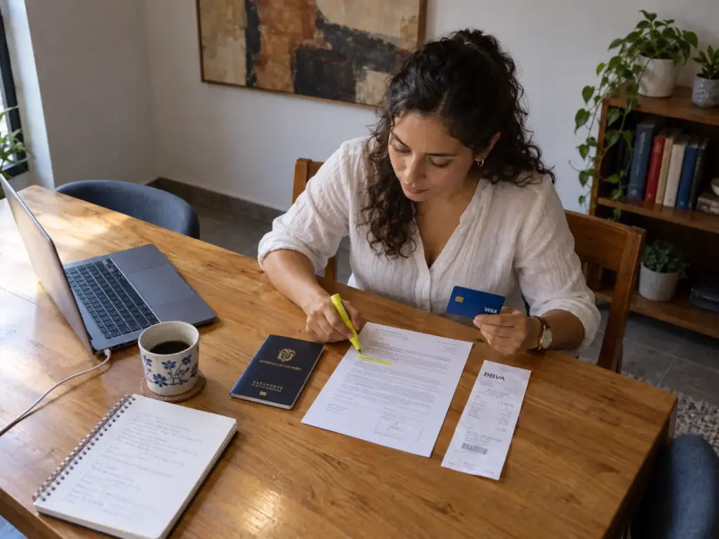Mujer preparando pasaporte y comprobante de pago para reponer la FMM perdida en México