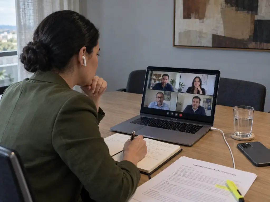 El Patrón No Es Solidario ante el INM, pero Sí Responde 3 Abogada migratoria en videollamada con una empresa sobre subcontratación de personal extranjero y su responsabilidad solidaria