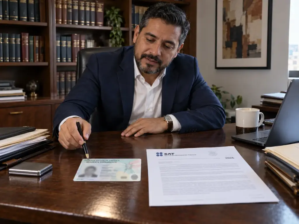 Abogado migratorio mexicano explicando la diferencia entre la tarjeta del INM y la residencia fiscal en su despacho