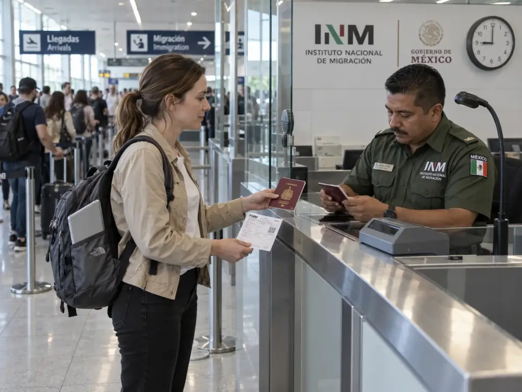 Viajera entregando su pasaporte en el módulo de revisión migratoria de un aeropuerto de México