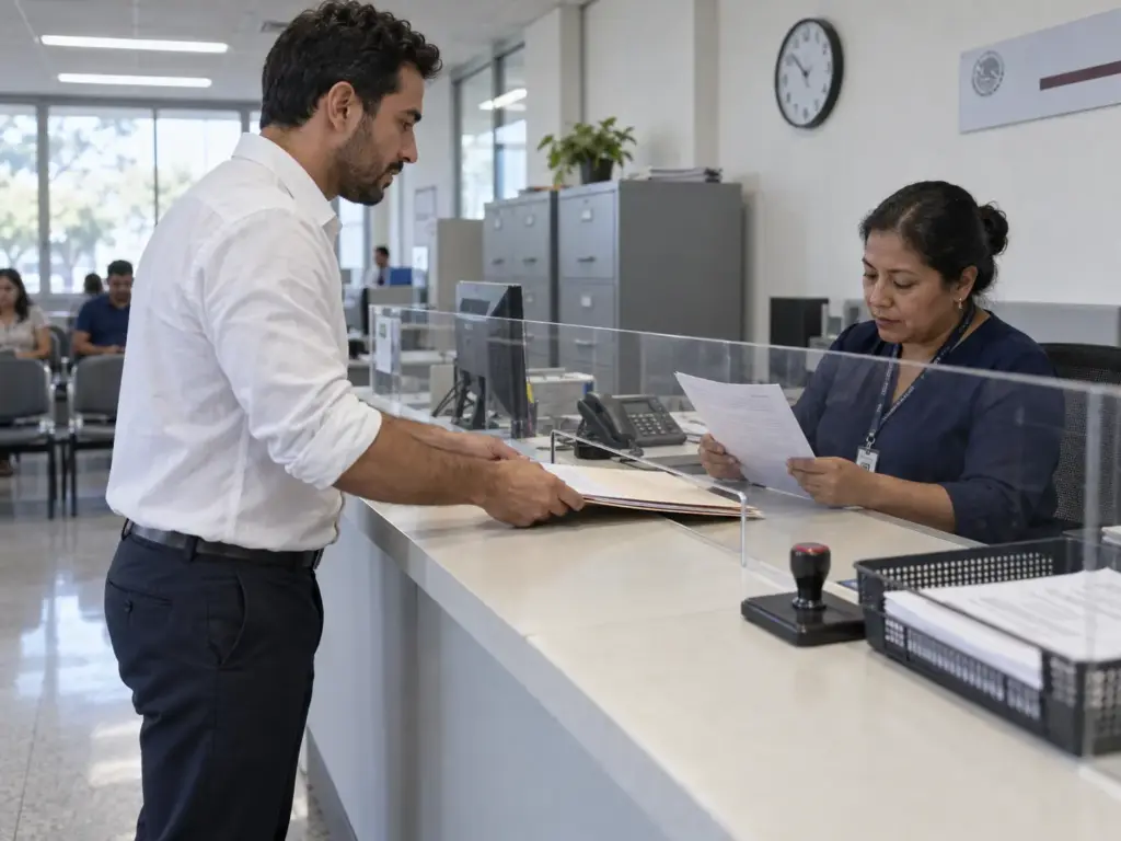 ¿Validar Estudios Extranjeros ante la SEP? Es Revalidar 2 Hombre extranjero entregando su carpeta de documentos en una ventanilla de atención de la SEP para revalidar estudios