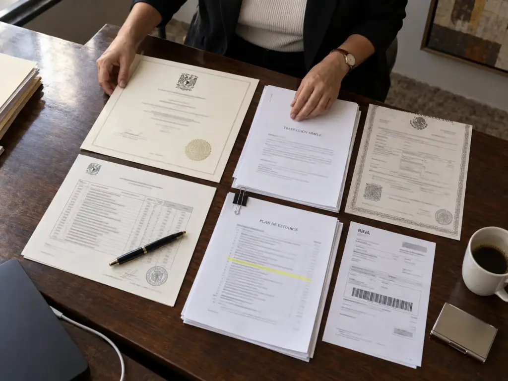 ¿Validar Estudios Extranjeros ante la SEP? Es Revalidar 3 Manos ordenando título, certificado, traducción simple y plan de estudios para validar estudios extranjeros ante la SEP