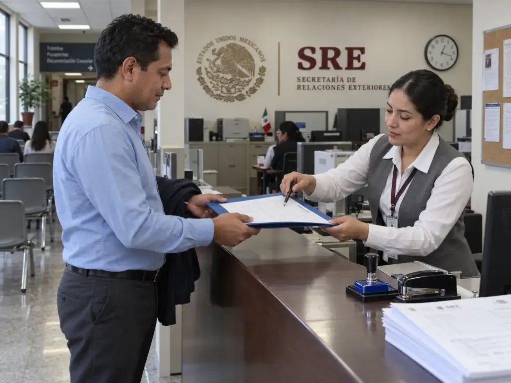 Persona entregando su expediente del certificado de nacionalidad mexicana en una ventanilla de la SRE en la Ciudad de México