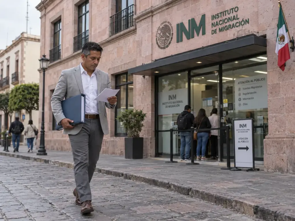 5 Errores al Tramitar la CIE por Primera Vez en Tu Empresa 5 Representante de empresa con su carpeta de documentos frente a un edificio de gobierno en Querétaro antes de presentar la CIE