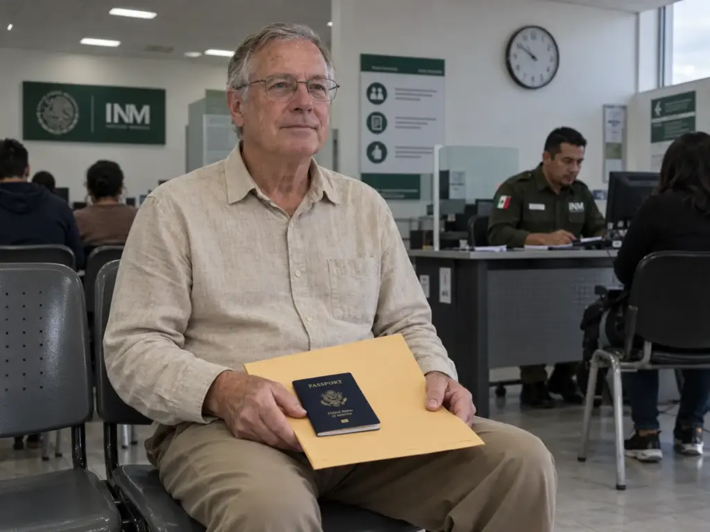 Hombre estadounidense espera su turno en la sala de la oficina del INM en Querétaro para comparecer por una reposición