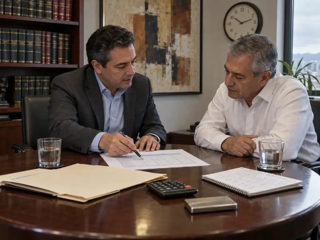Sanciones por Contratar Extranjeros Sin CIE, Sin Mitos 3 Abogado migratorio explica a un empresario las consecuencias de contratar extranjeros sin CIE con una tabla impresa