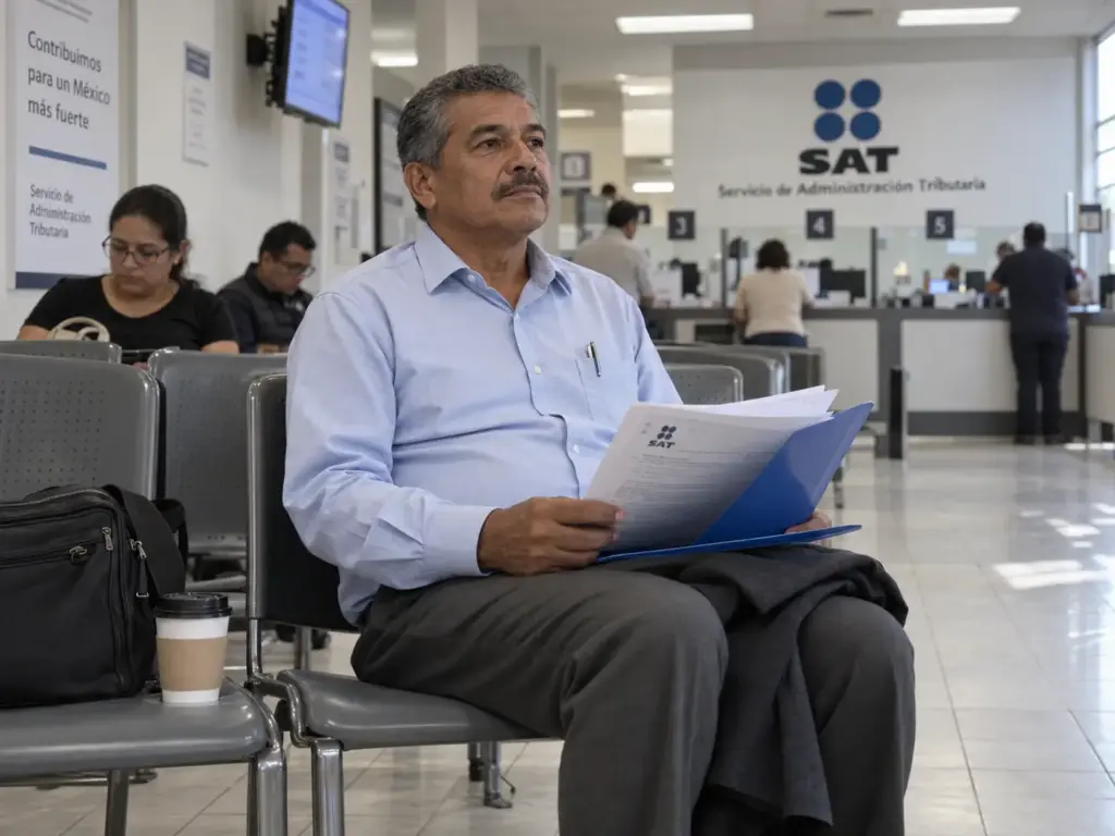 ¿Declaración Anual SAT para Extranjeros? Quién Debe y Cuándo 4 Hombre colombiano con su carpeta de documentos en la sala de espera de una oficina del SAT en Querétaro