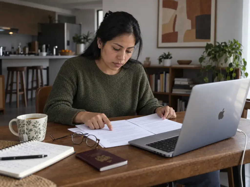 Requisitos del Contrato Laboral para Tu Visa de Trabajo 3 Mujer peruana revisando en casa la duración de su contrato laboral antes de pedir la visa de trabajo en México