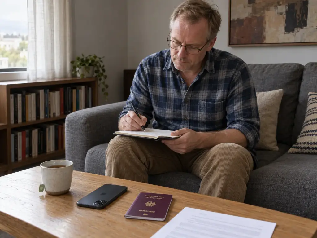 Cómo Consultar Tu Expediente Digital del INM en Línea 4 Hombre europeo anotando su pieza y contraseña en una libreta junto a su teléfono para consultar el expediente del INM