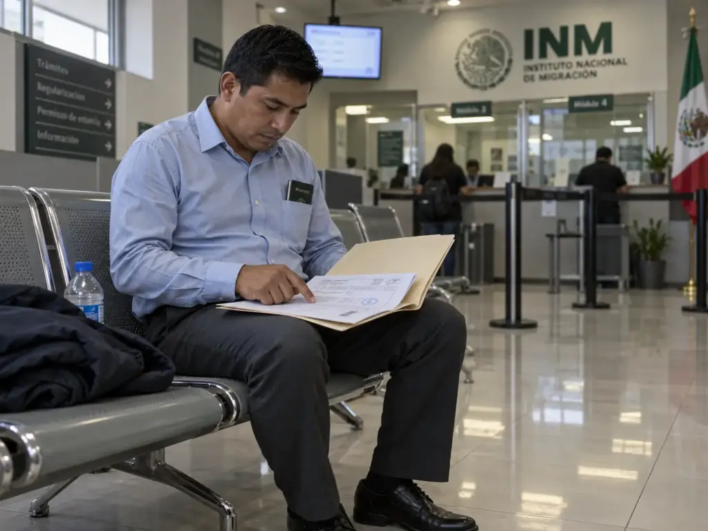 Hombre esperando su turno con la carpeta de su trámite en una sala de espera del INM en Querétaro