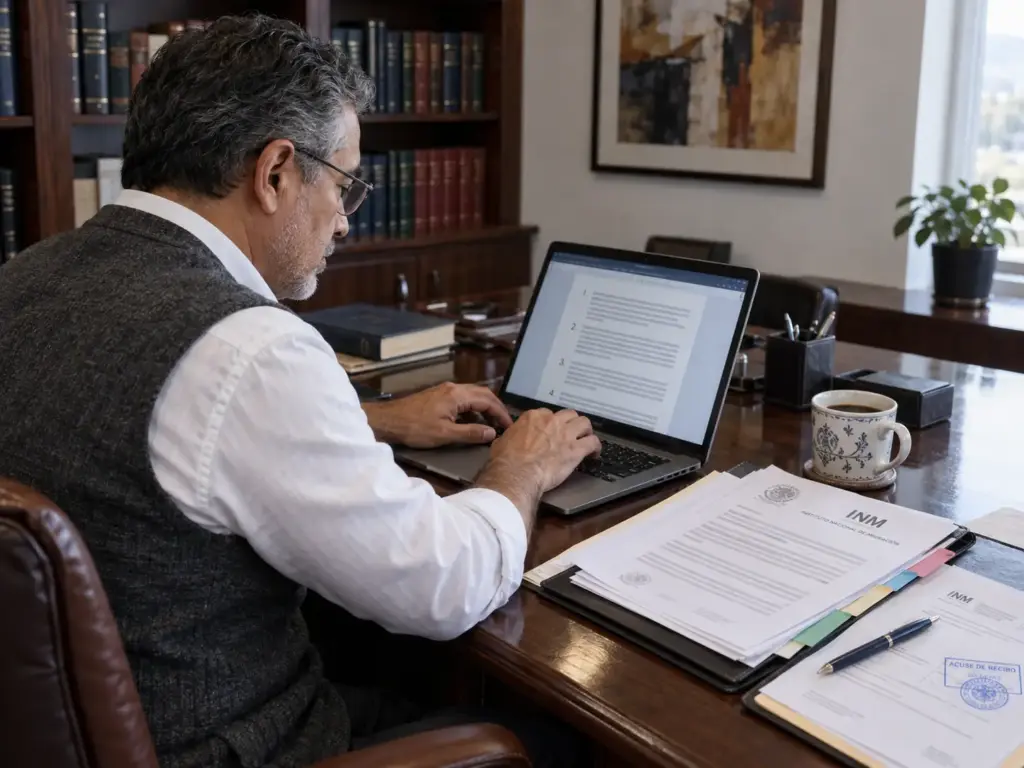 Abogado migratorio redacta el escrito del recurso de revisión con el expediente y el acuse sellado sobre el escritorio