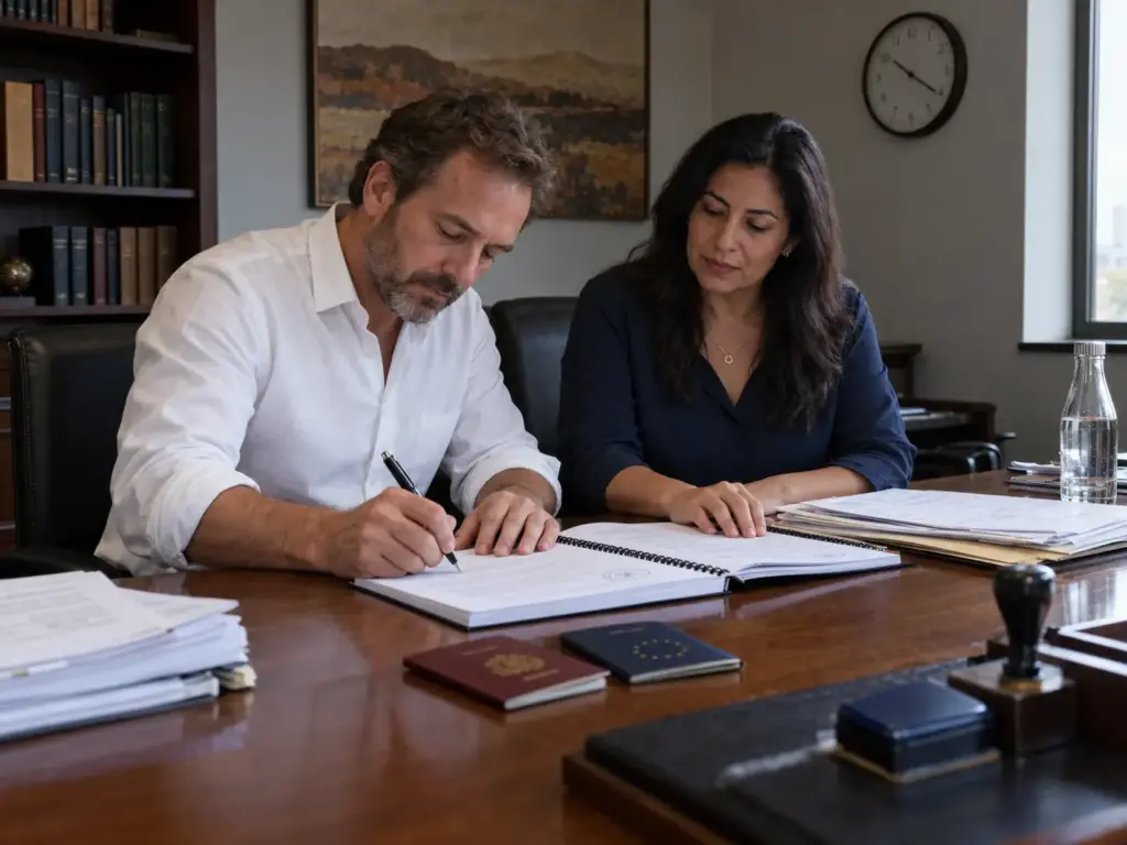 4 Errores al Calcular el Monto de la Visa por Inversión 2026 3 Socios firmando una escritura de aportación de capital ante notario en México para acreditar una inversión