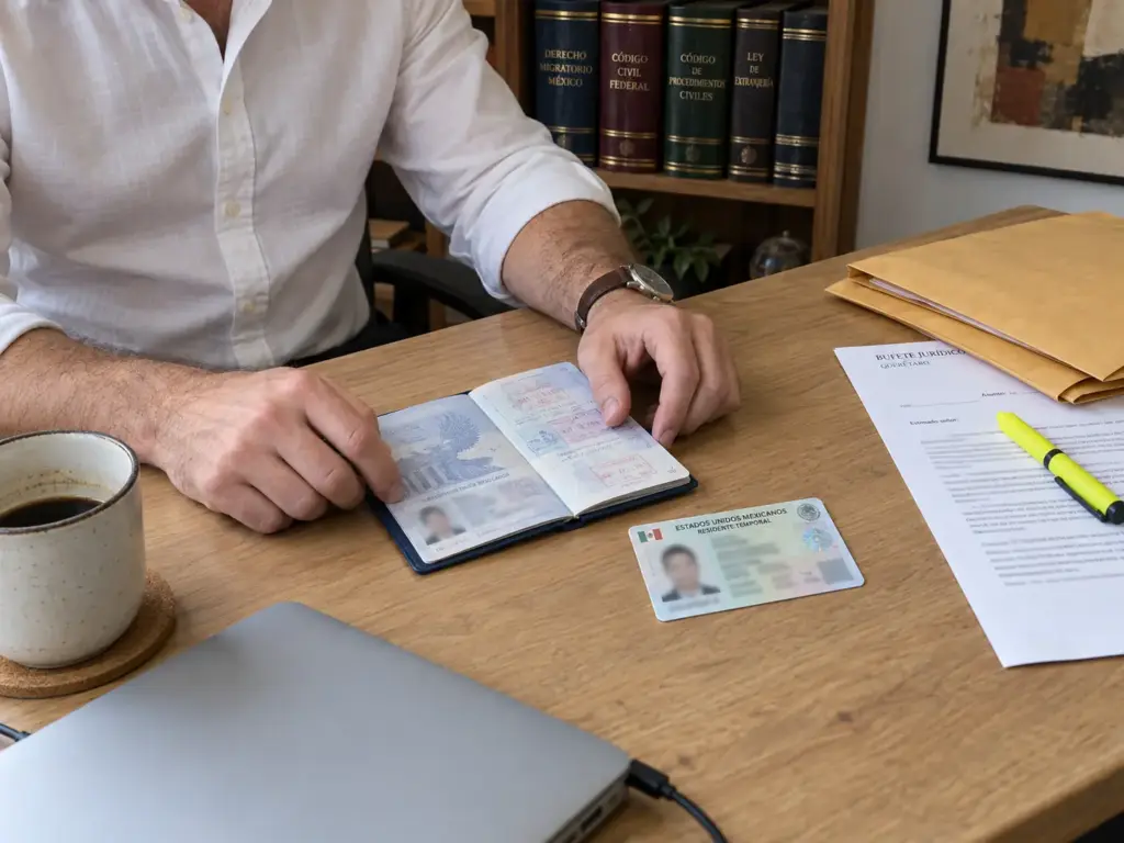 Pasaporte con sellos y tarjeta de residente temporal sobre una mesa, según la Ley de Migración de México