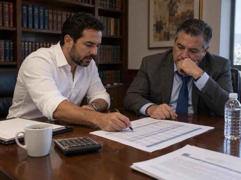 ¿Outsourcing de Extranjeros? Qué Cambió con la Reforma 3 Abogado y empresario revisando una hoja impresa con la conversión de la multa a pesos
