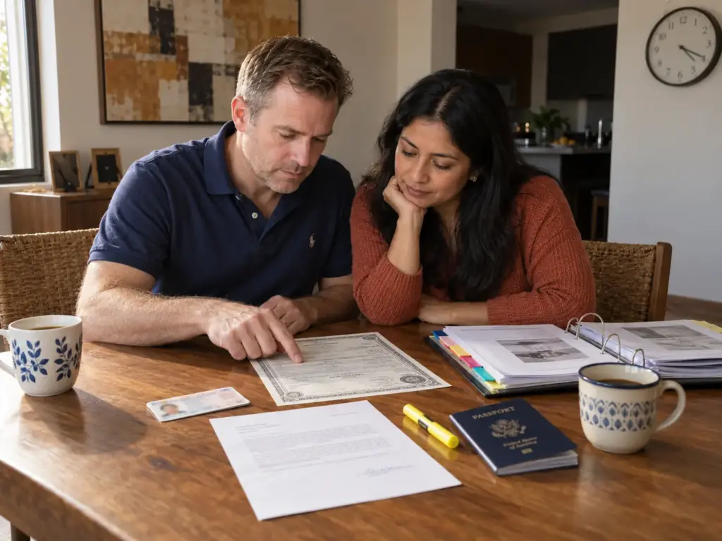 Pareja mexicano-extranjera revisando su acta de matrimonio y documentos antes de la comparecencia en el INM Querétaro