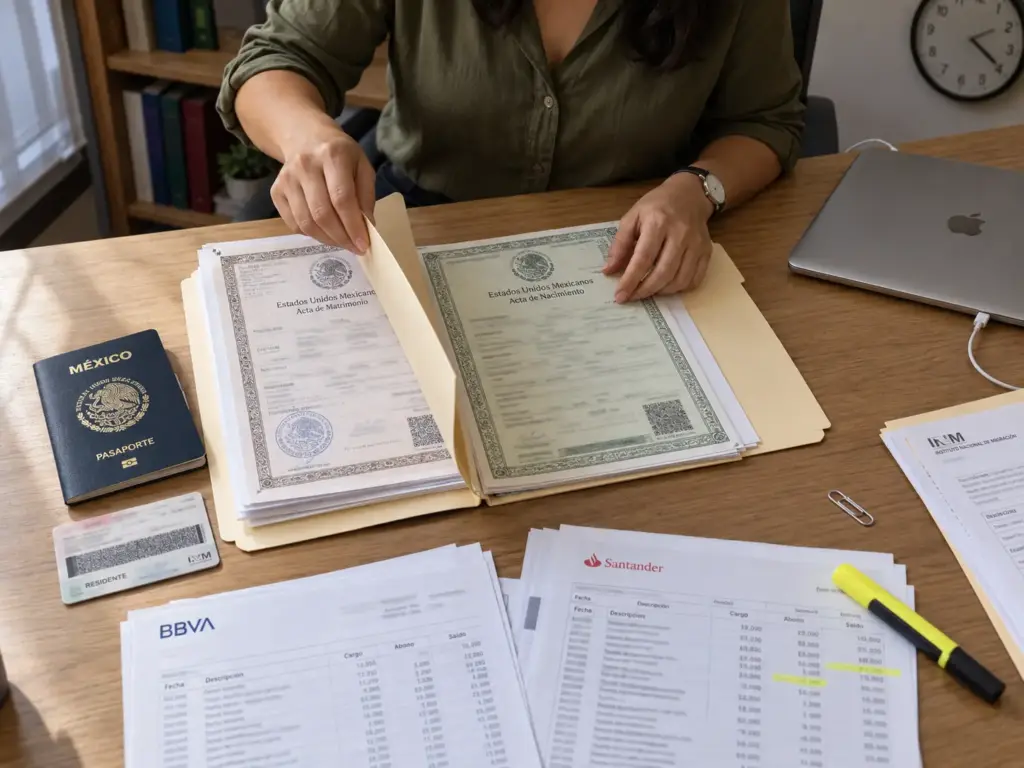 Arraigo en Querétaro Paso a Paso, Cuál Vía Te Toca 3 Expediente de regularización por arraigo con actas, pasaporte y estados de cuenta ordenados sobre una mesa en Querétaro