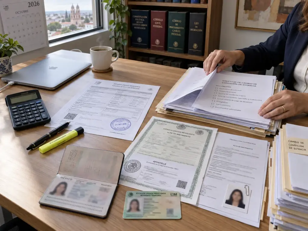Expediente con documentos apostillados y hoja de pago sobre una mesa para el cambio a residencia permanente