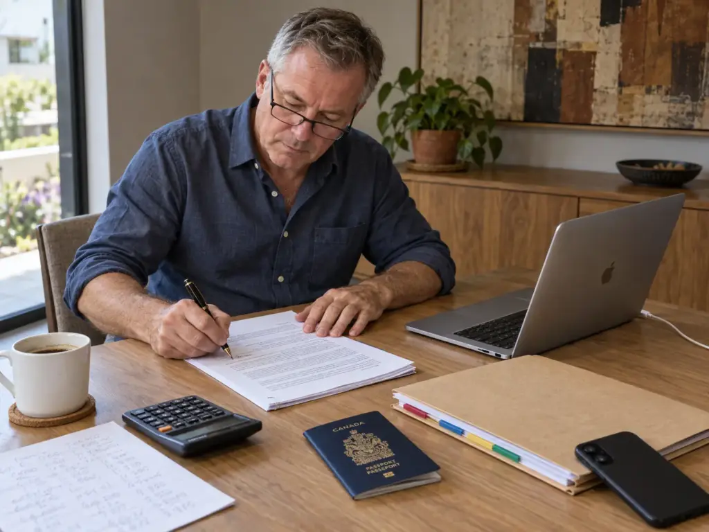 Inversionista extranjero firma contrato de compra de acciones en su casa, con calculadora y pasaporte sobre la mesa