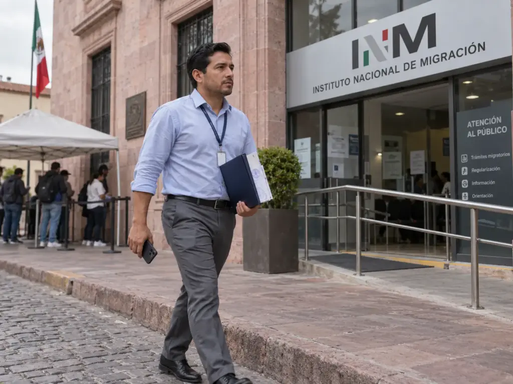 El Patrón No Es Solidario ante el INM, pero Sí Responde 4 Apoderado de una empresa llegando con su expediente al INM en Querétaro para tramitar la Constancia de Inscripción de Empleador