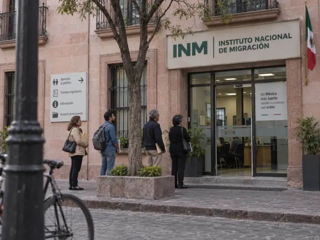 Exterior de una oficina del INM en Querétaro con señalización institucional verde y personas esperando su turno