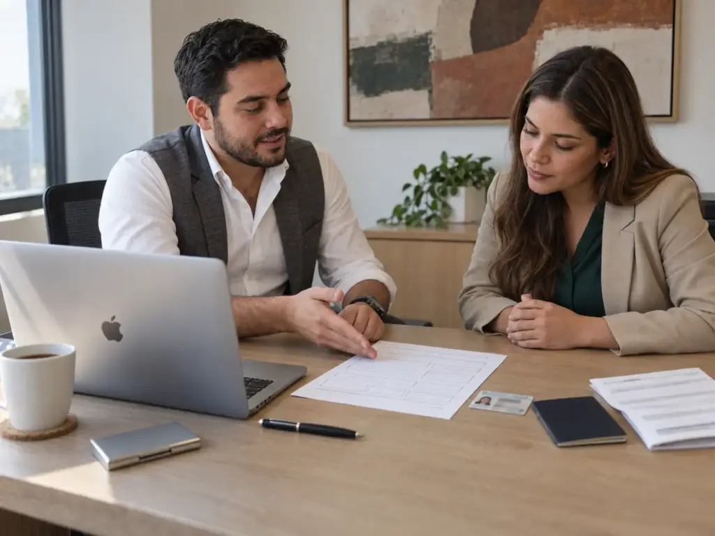 Agente de seguros mexicano explicando requisitos de contratación a una clienta colombiana residente en su oficina de Querétaro
