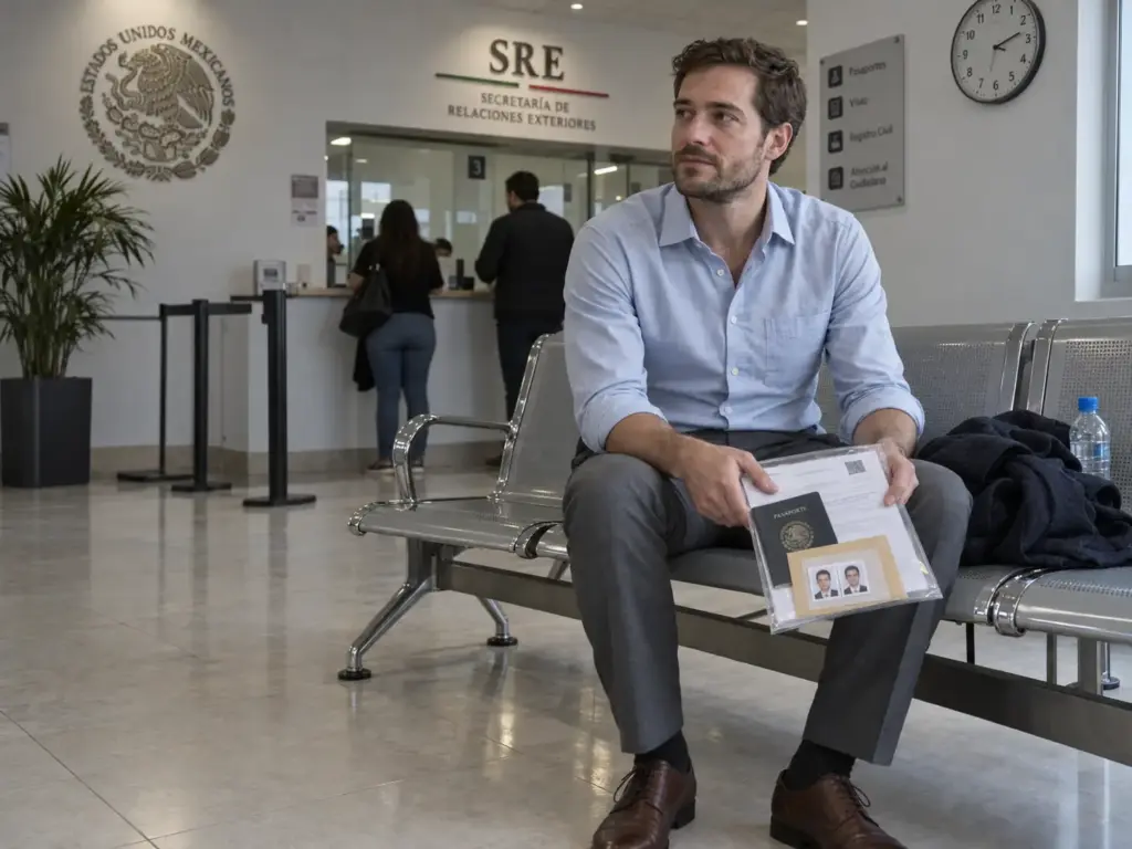 Requisitos para la Visa de Trabajo en México 2026 4 Solicitante en la sala de espera del consulado de México con pasaporte y fotografías para su cita de visa de trabajo