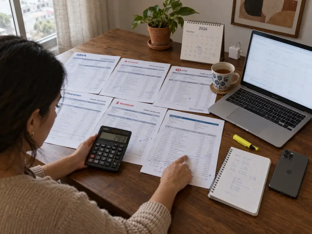 Mesa con estados de cuenta, calculadora y laptop para calcular la solvencia económica en días de UMA