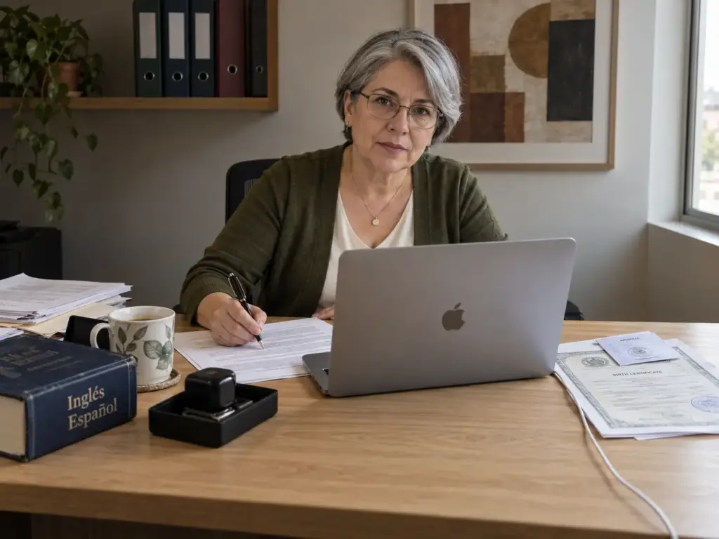 Perito traductora autorizada traduciendo un acta de nacimiento apostillada al español en su escritorio